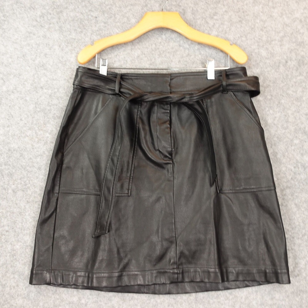 Y2K Black‎ Vegan Leather Skirt 12 Belted Rocker Downtown Girl Preppy ANN TAYLOR